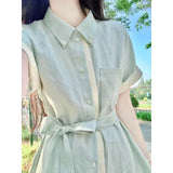 Unique Bumpy Linen Shirt Dress Women's Summer Languid Temperament High-Sense Tie With Shirt Collar Long Skirt