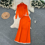 Extremely Simple Wind Bumpy Striped Knitted Sister Set With Long-Sleeved Sweater + High Waist Long Body Skirt Winter