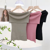 French Retro Sexy Shoulder Repair Slimming Paper Pieces Knitted Vest T-Shirt Blouse Short Short Sleeve
