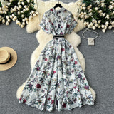 French Niche High-End Light Style Single Row Buckle Short-Sleeved Printed Shirt Dress Female Magenta Vintage Chiffon Dress