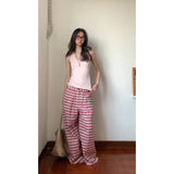 Lazy And Languid Temperament Short-Sleeved Top High Waist With Loose Pink Striped Broad Leg Trousers Set