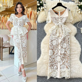 High-End Small Scented Dress Female Elegant Diamond Buckle Clame Collar Short-Sleeved Hollow Lace Dress