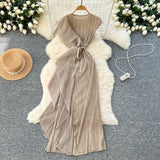 Three-House Folded Dress Design Irregular Lotus Leaves Side To Receive Waist Repair Bright Silk Pressure Folds