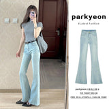 Light Blue Retro High Street High-Rise Micro-Rave Jeans Women Summer Elastic Repair Slim Thin Horseshoe Long Pants