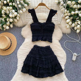 French Temperament Sweet Age Reduction Short Sling Vest High Waist Fluffy Cake Skirt 2025 New Summer Suit