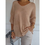 Knitted Casual Sweater Basic Thin V-Neck Seven-Sleeve Solid Female Bottoming Shirt Ice Cream Color