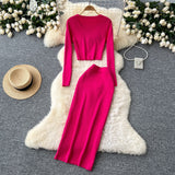 Small Fragrant High-Sense Metal Buckle Repair Short Long-Sleeved Knitting Top Female High-Waisted Hip Skirt Two