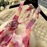 Summer Three-Dimensional Flowers Hanging Neck Slings Loose Short A-Shaped Dress Women's Lotus Leaf Side Vacation Skirt