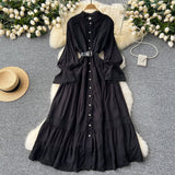 French Court Retro Elegant Dress Women's Collar Horn Sleeves To Close Single Buckle Lace Splicing Large Swing Dress