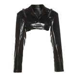 Autumn 2025 Fashion Trend Women's New Long-Sleeved Collar Open Umbilled Slimming PU Leather Top
