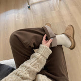 Vintage Brown Plus Velvet Jeans Women's Autumn And Winter High-Waisted Thin Straight Barrel Loose Broad Legs Long Trousers