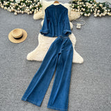 Light-Cooked Wind High-End Retro Lapel Long-Sleeved Cowboy Topess 2025 Autumn Dress High-Waisted Casual Broad-Legged Straight Trousers