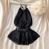 Spring And Summer 2025 New Products Hanging Neck Bare Back Texture Crippling Poneng Dress To Close The Waist Tie Sweet Holiday Wind