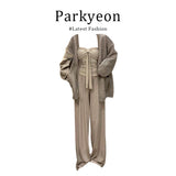 Korean Version Of The Gentle Wind Set Of Shirts And Bows Knitted Shirt Straight Slacks Three Sets Of Women