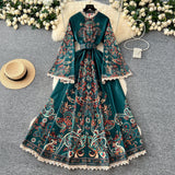 Court Style Retro Collar Single Buckle Horn Sleeve Long Lace Dress Women Fashion Print Long Dress