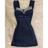 Blue Lace Stitched Knitted Sling Vest Dress Women's New Retro Ass Skirt