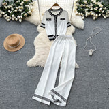 Small Fragrant Breeze Sleeze Sleeze Round-Neck Collar Knitted Top Women High-Waisted Leisure Broad-Legged Pants Summer Suit
