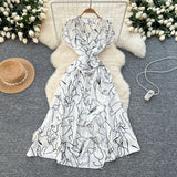 2025 Summer New Small High-End Sense V-Neck Short-Sleeved Waist Irregular Open-Fork Print Dress Women's Long Dress