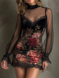 2025 Sexy Lace Lace Sling Dress Flower Printed Net Yarn Ass Short Dress