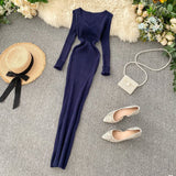 Dress Women's Autumn And Winter 2025 New Korean Version Of Simple Solid Color Long Sleeves Tight Waist Thin Knit Long Dress