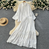Age-Relay Suit Female Senior Sleeve Lace Splicing Lantern Long-Sleeved Shirt + High Waist Slim Swing Skirt