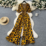 Summer Dress Holiday Wear Chic Light Leisure V Collar Short Sleeves Tight Waist High Waist Thin Leg Print Jump Trousers