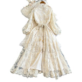 Elegant Stand-Up Single Buckle Heavy Industry Hook Flower Embroidery Lantern Sleeve With A Long Dress With A Big Swing