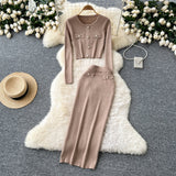 Small Fragrant High-Sense Metal Buckle Repair Short Long-Sleeved Knitting Top Female High-Waisted Hip Skirt Two