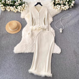 French High-End Small Fragrant Style Two Sets Of Women's Atmosphere Knitted Open Fork Shirt T-Shirt
