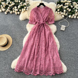 French High-End Temperament Dress Women 2025 Summer Fashion Strap To Single Buckle Embroidery Mesh Dress