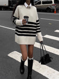 New Women's Loose Lazy Black And White Striped Sweater With Long Knitted Shirts In The Head