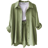 2025 Women's Wrinkle Collar Long-Sleeved Shirt High-Waisted Rope Shorts Fashion Casual Two-Piece Set