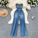 Hong Kong Flavor Chic Net Red New Design Heartless Sleeveless High-Rise Thin Hole Casual Denim Jumpsuit