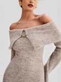 New Women's Elegant Style Fashion Collared Shoulder Dress Knitted Long Dress