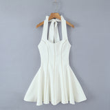 French Style Collar Slings Waist Retro Skirt Dress Party Wide Swing Spliced Hanging Neck Miniskirt