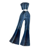 Fashion Hot Diamond Cowboy Suit Women's Summer Sleeveless Chest Vest + High-Waisted Denim Horn Trousers