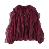 Laminated Decoration Fashion V-Neck Long-Sleeved Shirt 2025 Spring And Summer Thin Single-Dbutton Loose Top Woman