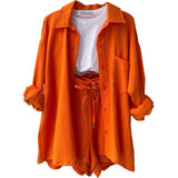 2025 Women's Wrinkle Collar Long-Sleeved Shirt High-Waisted Rope Shorts Fashion Casual Two-Piece Set