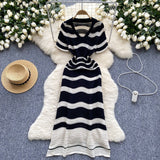 Light Luxury High-Striped Knitted Dress Women's Summer V-Neck Hollow Thin Airable Design Design Long Dress