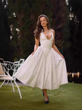 2025 Spring And Summer French Name Deep V-Neck Sexy Hanging Neck Tie Splicing Pressure Folded Waist Thin Sweet Dress