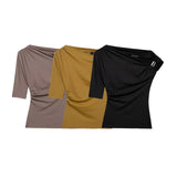 Metal Set Asymmetric Coat 2025 Summer Folded Single-Sleeved Elastic Body Trim Women's T-Shirt Casual