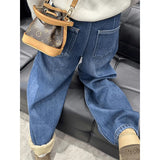 Vintage Dark Blue Broad-Legged Scissors Jeans Women's Autumn And Winter High Waist Plus Plus Thick Loose Drag Long Trousers