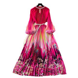 High-End Elegant Dress Women Fashion Nail Ball Collar Hollow Pressure Folding Lantern Sleeves To Print Long Skirt