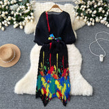 Small High-End Dress Women Design Feel Strapped Waist Bat Sleeve Pressure Fold Printing Irregular Dress Dress