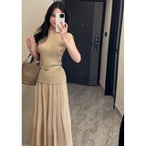 Apricot High-Waisted Folding Skirt Dress Girl 2025 Spring Lanky Wind Hanging Feeling Big Skirt A Word Long Skirt