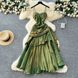 French Goddess Fan Design Sense Square Neck Sling Sling Sling Folds To The Waist Lotus Leaf Dress Girl Dress Dress