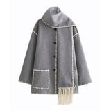 Women's Clothing French Fashion Single Buckle Tuxedar Scarf Splicing Coat
