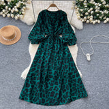 French Retro Niche Print Dress Woman 2025 Autumn Strap To The Waist Round Lantern Sleeves Thin Dress