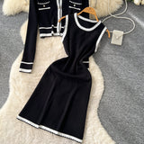 Small Fragrant Style High-End Set Of Women's Autumn Fashion Crash Round-Neck Long-Sleeved Knitted Shirt Sleeveless Vest Skirt