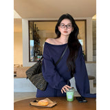 Tibetan Blue Oblique Shoulder Design Long-Sleeved Shawl Dress Women Autumn Lazy Wind Top A Word Half-Body Dress Two-Piece